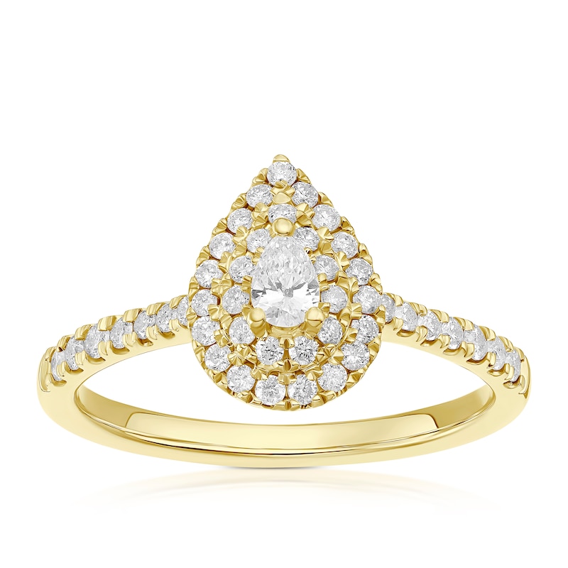 Main Image 1 of 9ct Yellow Gold Pear Shaped Double Halo 0.40ct Diamond Ring