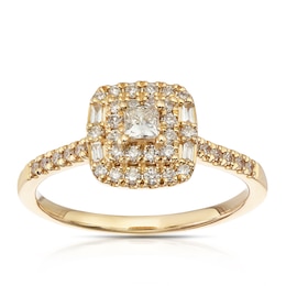 9ct Yellow Gold Cushion Shaped Double Halo 0.40ct Diamond Ring