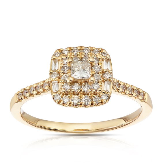 Engagement Ring 9ct Yellow Gold Cushion Shaped Double Halo 0.40ct Diamond Ring