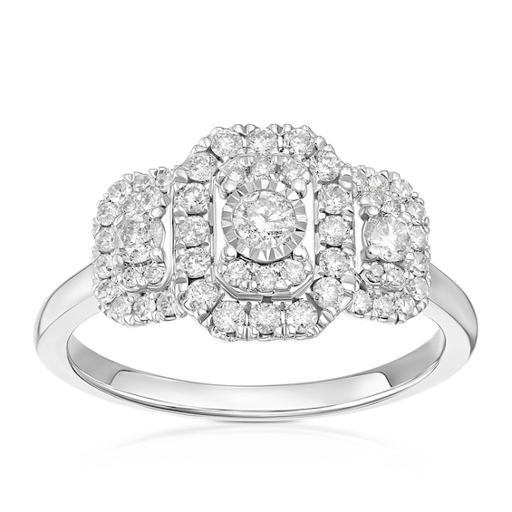 9ct White Gold Emerald Shaped Trilogy Halo 0.50ct Diamond Ri