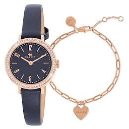 Radley Rose Tone Stone Set Navy Ink Strap Watch & 18ct Rose Gold Plated Heart Charm Bracelet Set