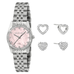 Radley Stone Set Pink Mother Of Pearl Dial Bracelet Watch & Twinpack Stone Set Heart Earrings Set