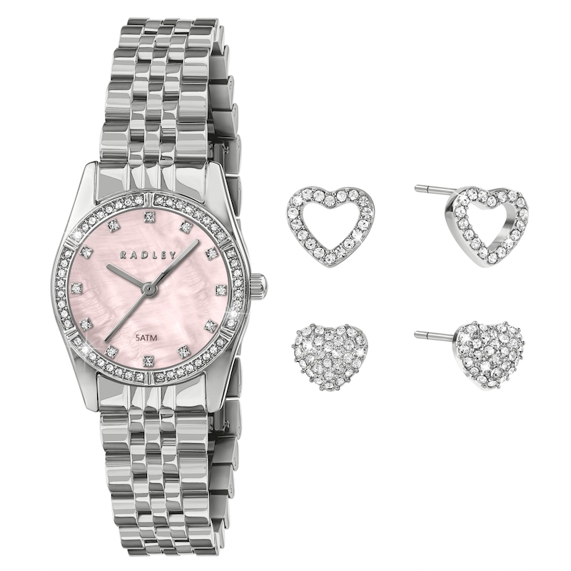 Main Image 1 of Radley Stone Set Pink Mother Of Pearl Dial Bracelet Watch & Twinpack Stone Set Heart Earrings Set