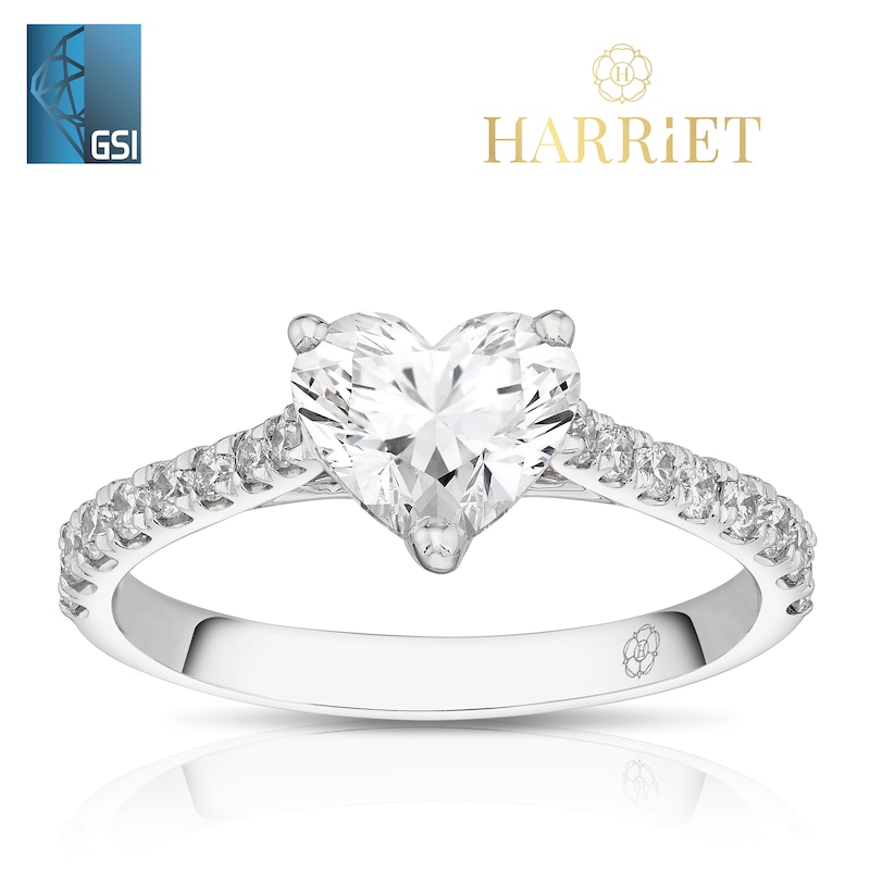 Main Image 1 of Harriet Platinum Heart Solitaire Stone Set Shoulders 1.50ct Lab Grown Diamond Ring