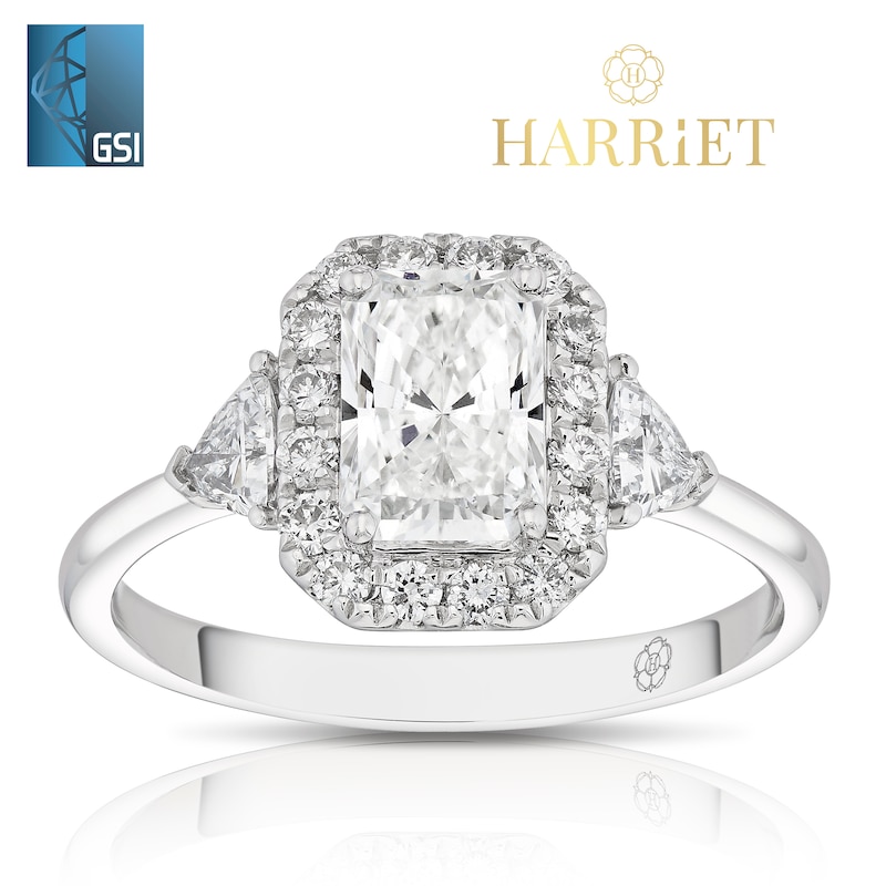 Main Image 1 of Harriet Platinum Radiant Halo Trilogy & Trillion Set Shoulders 1.50ct Lab Grown Diamond Ring