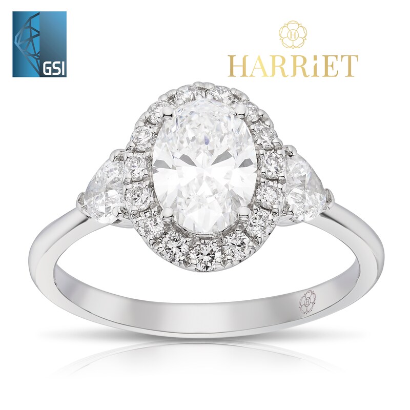 Main Image 1 of Harriet Platinum Oval Halo Trilogy & Heart Set Shoulders 1.50ct Lab Grown Diamond Ring