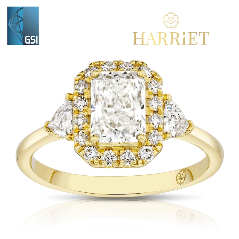 Main Image 1 of Harriet 14ct Yellow Gold Radiant Halo Trilogy & Trillion Set Shoulders 1.50ct Lab Grown Diamond Ring