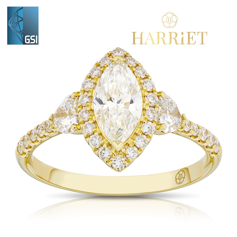 Main Image 1 of Harriet 14ct Yellow Gold Marquise Halo & Heart Set Shoulders 1.25ct Lab Grown Diamond Ring