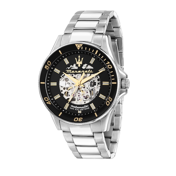 Maserati Sfida Black Skeleton Dial Silver Tone Stainless Steel Bracelet Watch