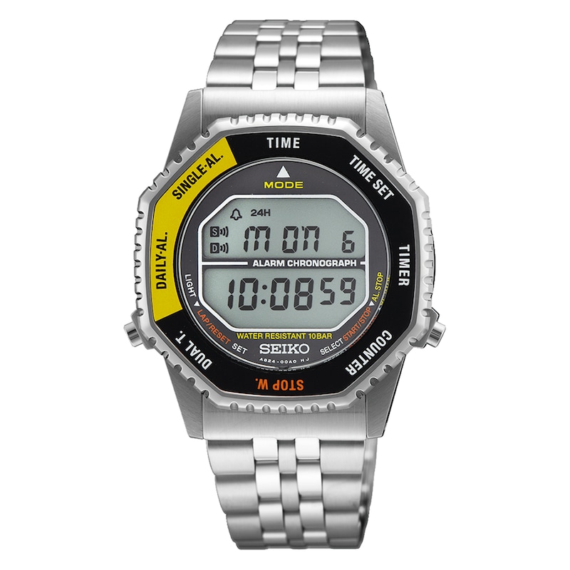 Main Image 1 of Seiko Men's Grey Dial Black & Yellow Digital Silver-Tone Stainless Steel Bracelet Watch
