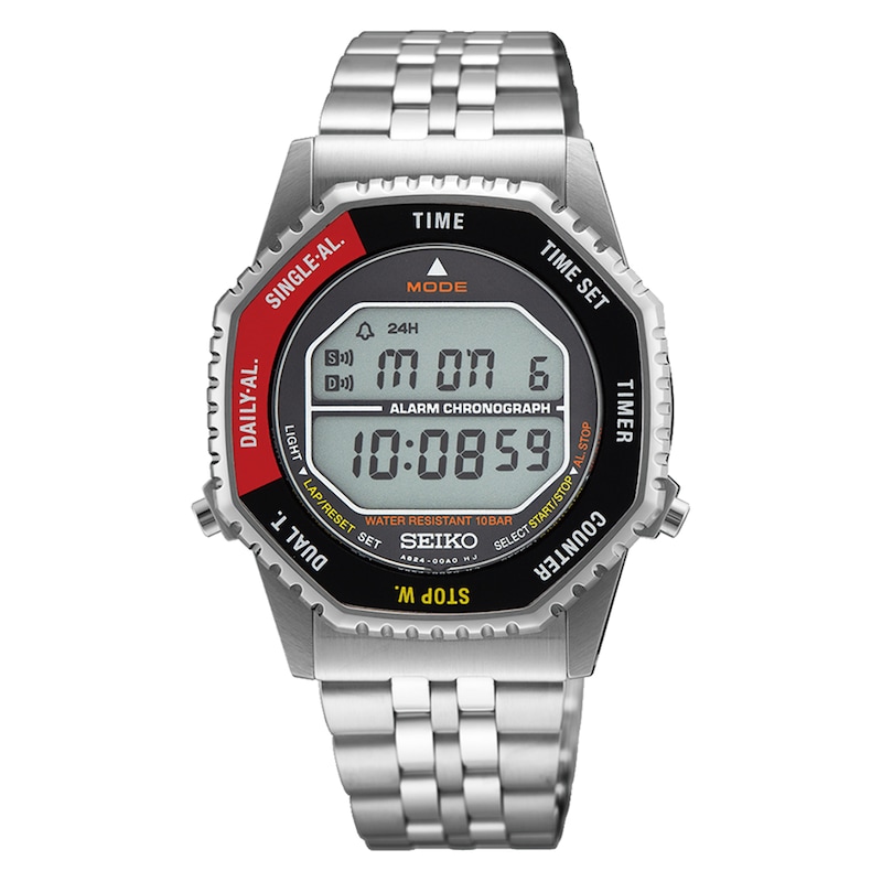 Main Image 1 of Seiko Men's Grey Dial Black & Red Digital Silver-Tone Stainless Steel Bracelet Watch