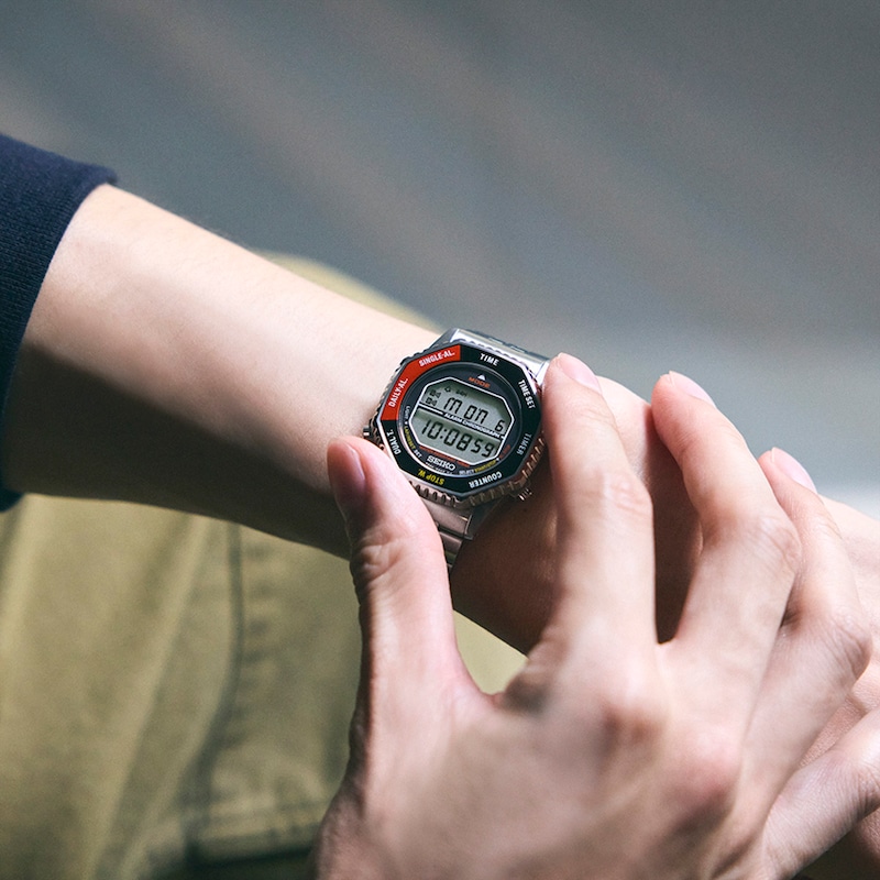 Main Image 4 of Seiko Men's Grey Dial Black & Red Digital Silver-Tone Stainless Steel Bracelet Watch
