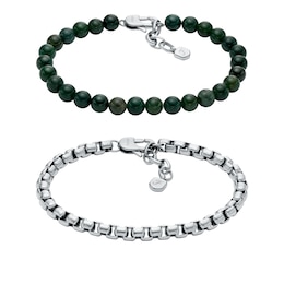 Fossil Men's Stainless Steel Box Chain & Green Agate Beaded Bracelets Gift Set