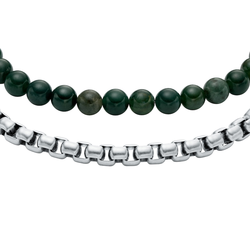 Main Image 2 of Fossil Men's Stainless Steel Box Chain & Green Agate Beaded Bracelets Gift Set