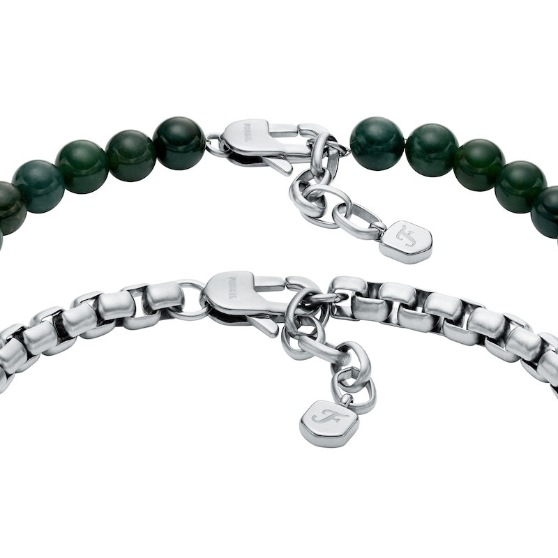 Main Image 3 of Fossil Men's Stainless Steel Box Chain & Green Agate Beaded Bracelets Gift Set