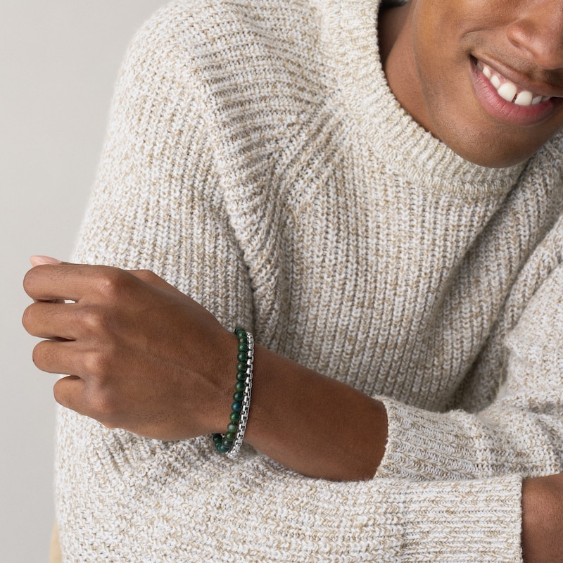 Main Image 4 of Fossil Men's Stainless Steel Box Chain & Green Agate Beaded Bracelets Gift Set