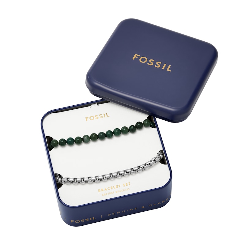 Main Image 5 of Fossil Men's Stainless Steel Box Chain & Green Agate Beaded Bracelets Gift Set