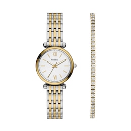 Fossil Women's Carlie Silver Dial Three Hand Two Tone Bracelet Watch & Matching Two Tone Bracelet Set