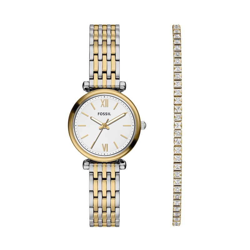 Main Image 1 of Fossil Women's Carlie Silver Dial Three Hand Two Tone Bracelet Watch & Matching Two Tone Bracelet Set