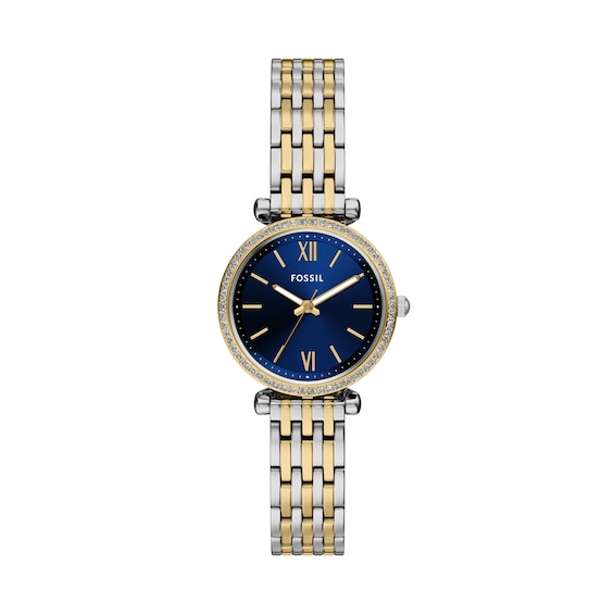 Fossil Women's Carlie Blue Dial Three Hand Two Tone Stainless Steel Bracelet Watch