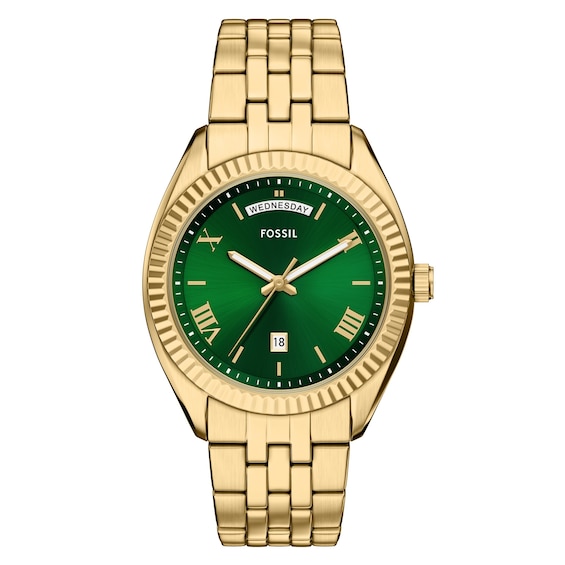 Fossil Men's Campbell Green Dial Three Hand Day & Date Gold Tone Stainless Steel Bracelet Watch