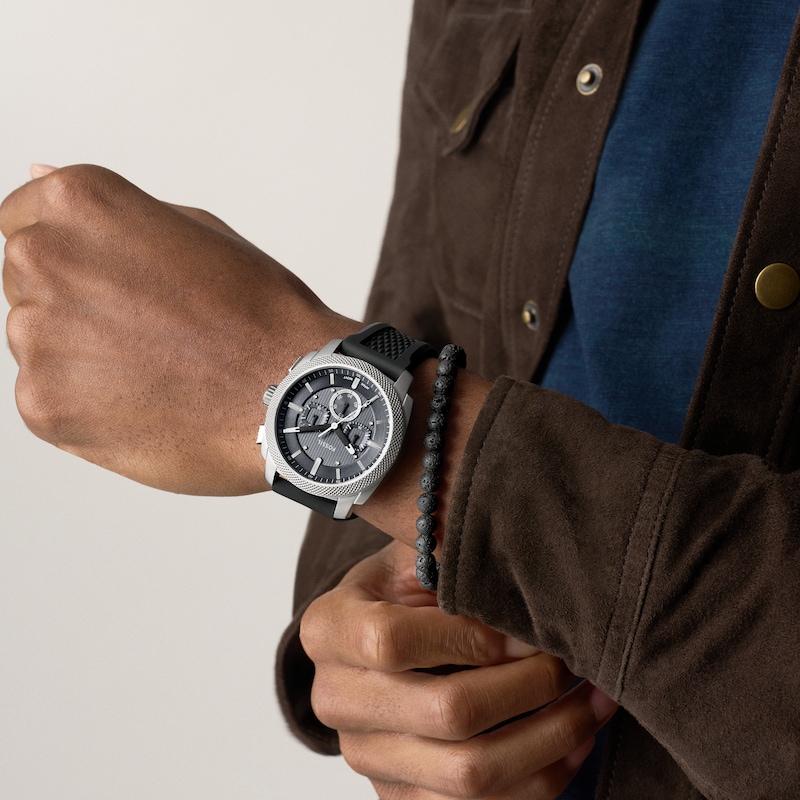 Main Image 5 of Fossil Men's Machine Grey Dial Chronograph Black Silicone Strap Watch & Beaded Lava Stone Bracelet Set