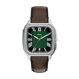 Fossil Men's Crosby Green Dial Three Hand Brown Leather Strap Watch