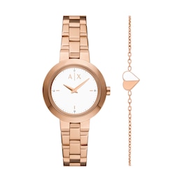 Armani Exchange Women's White Dial Two-Hand Rose Gold Tone Stainless Steel Bracelet Gift Set