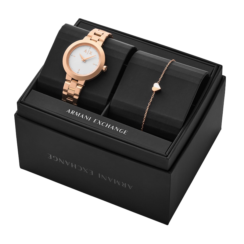Main Image 6 of Armani Exchange Women's White Dial Two-Hand Rose Gold Tone Stainless Steel Bracelet Gift Set