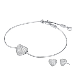 Michael Kors Women's Kors Love Sterling Silver Cubic Zirconia Pavé Heart Bracelet & Stud Earrings Set