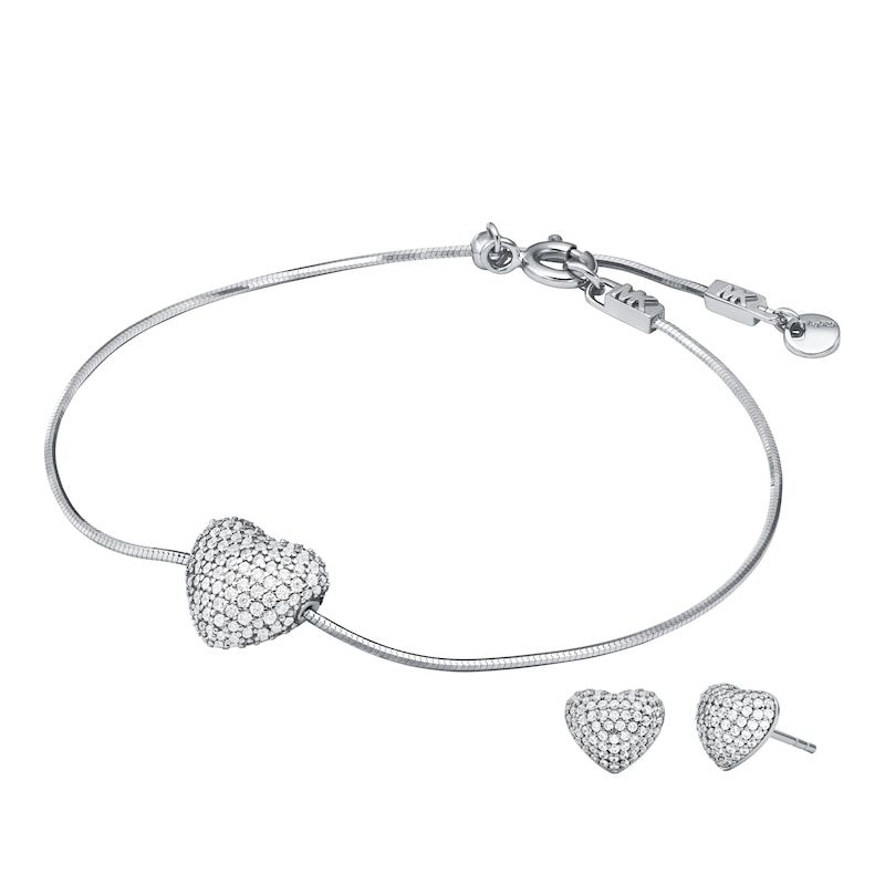Main Image 1 of Michael Kors Women's Kors Love Sterling Silver Cubic Zirconia Pavé Heart Bracelet & Stud Earrings Set