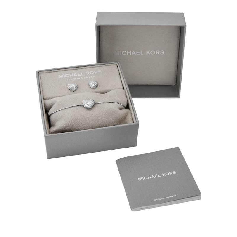 Main Image 5 of Michael Kors Women's Kors Love Sterling Silver Cubic Zirconia Pavé Heart Bracelet & Stud Earrings Set