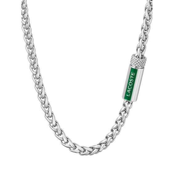 Lacoste Men's Spelt Stainless Steel Wheat Chain Necklace with Green Enamel Logo - 22"