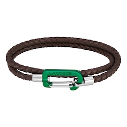 Lacoste Men's Matt Brown Braided Leather Double Wrap Bracelet with Green Aluminium Carabiner