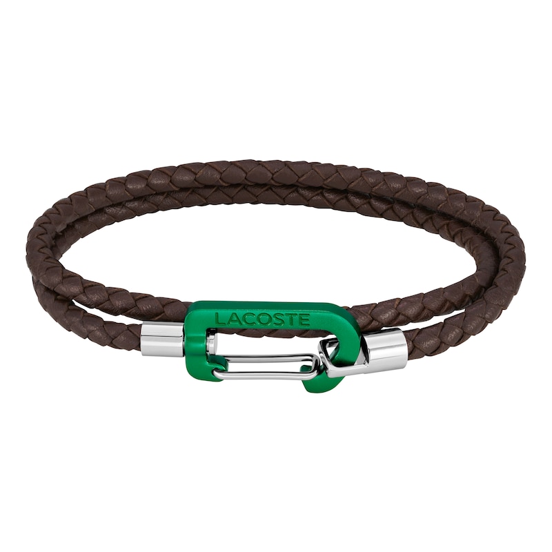 Main Image 1 of Lacoste Men's Matt Brown Braided Leather Double Wrap Bracelet with Green Aluminium Carabiner