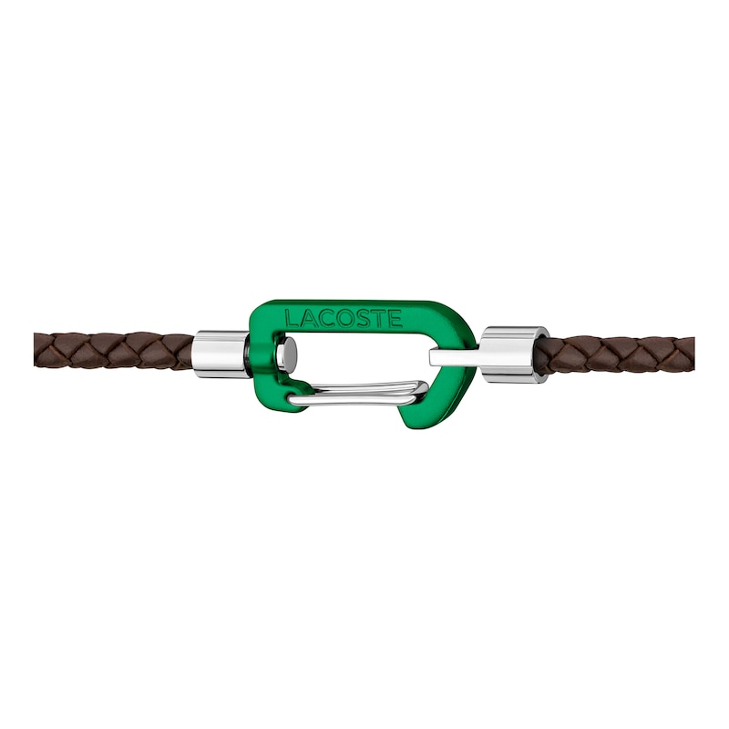 Main Image 2 of Lacoste Men's Matt Brown Braided Leather Double Wrap Bracelet with Green Aluminium Carabiner