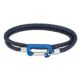Lacoste Men's Matt Blue Braided Leather Double Wrap Bracelet with Blue Aluminium Carabiner
