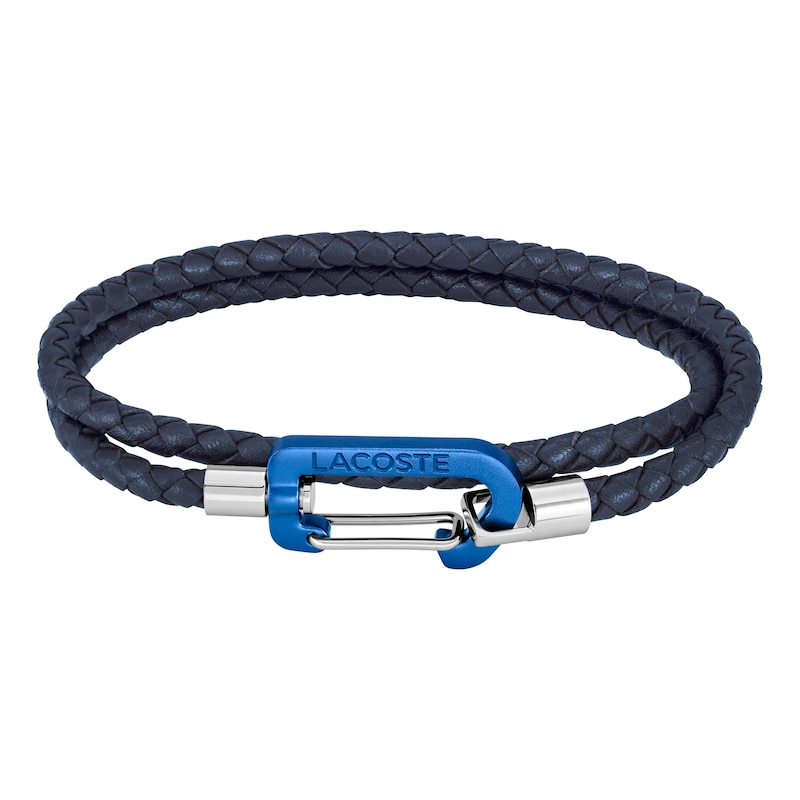 Main Image 1 of Lacoste Men's Matt Blue Braided Leather Double Wrap Bracelet with Blue Aluminium Carabiner