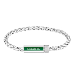 Lacoste Men's Spelt Stainless Steel Wheat Chain Bracelet with Green Enamel Logo - 7.5"