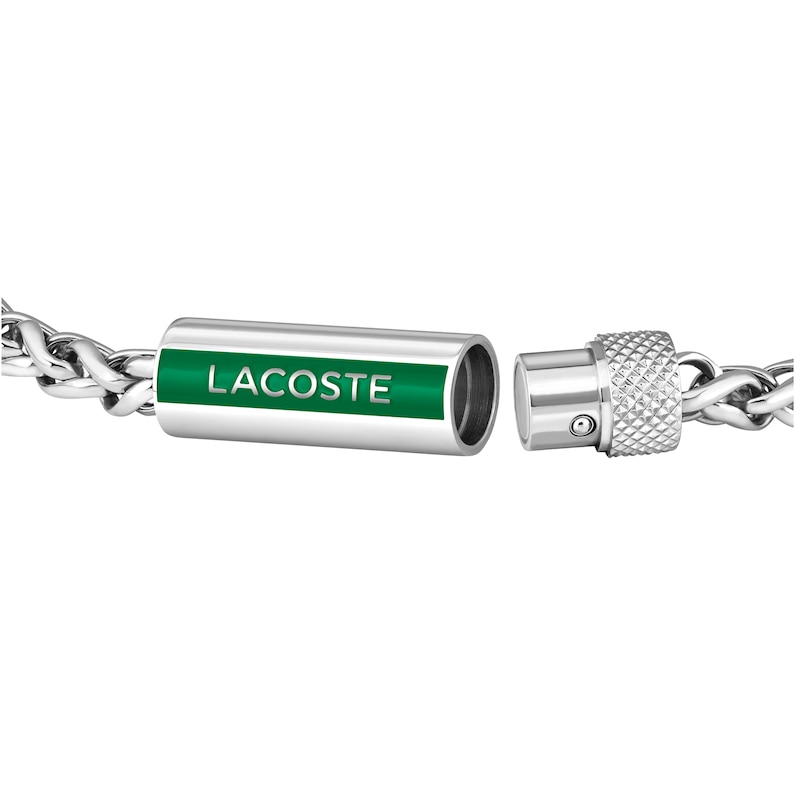 Main Image 2 of Lacoste Men's Spelt Stainless Steel Wheat Chain Bracelet with Green Enamel Logo - 7.5"