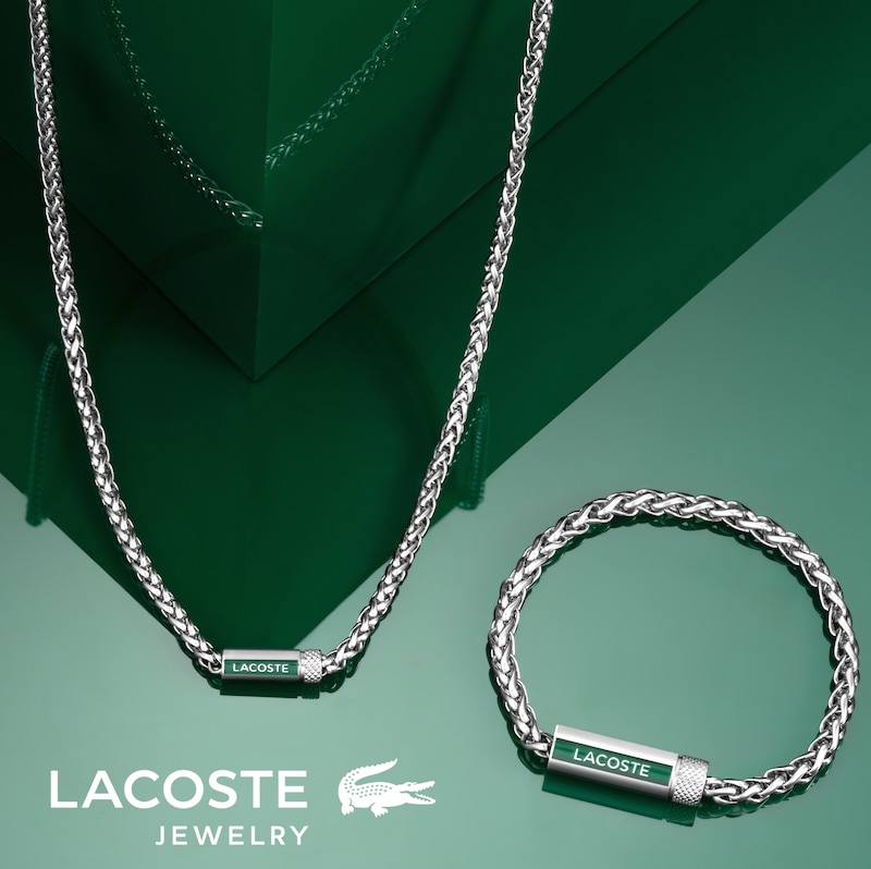 Main Image 4 of Lacoste Men's Spelt Stainless Steel Wheat Chain Bracelet with Green Enamel Logo - 7.5"