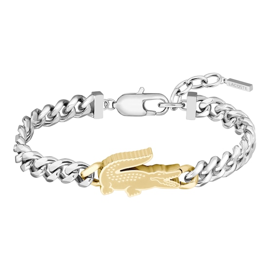 Lacoste Men's Arthor Stainless Steel Curb Chain Bracelet with Gold IP Crocodile - 7.5"