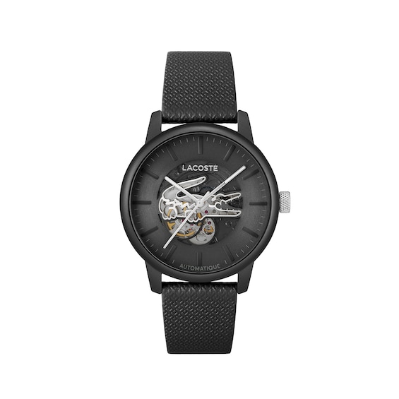 Lacoste Men's 12.12 Black Dial Black Leather Strap Automatic Watch