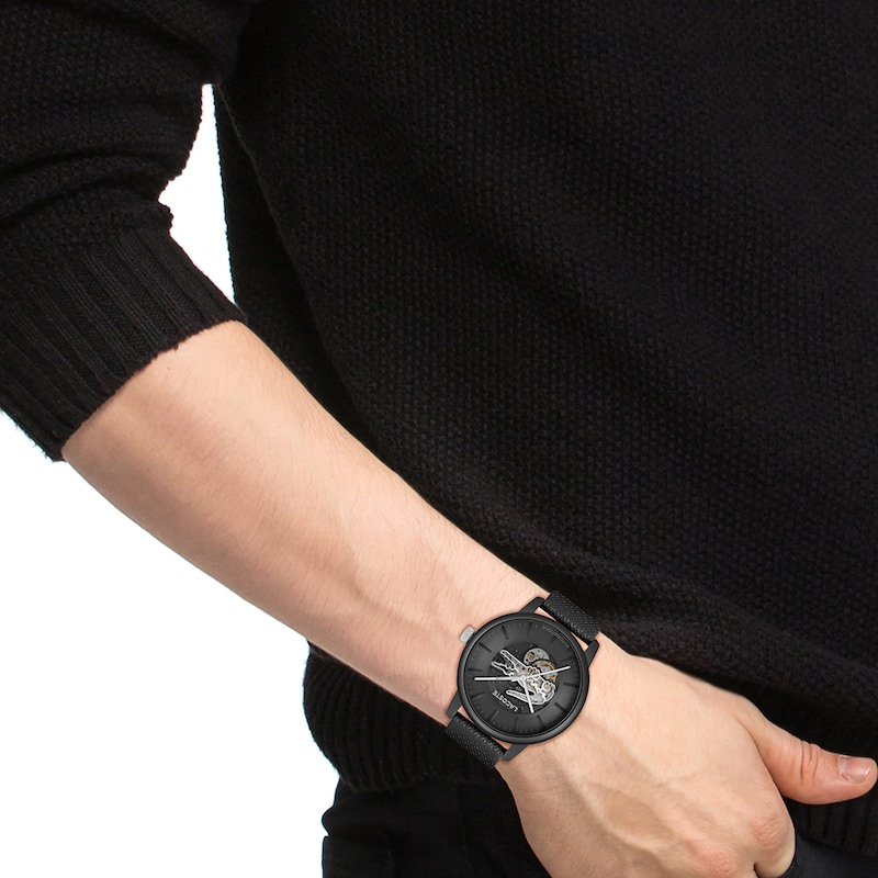 Main Image 6 of Lacoste Men's 12.12 Black Dial Black Leather Strap Automatic Watch