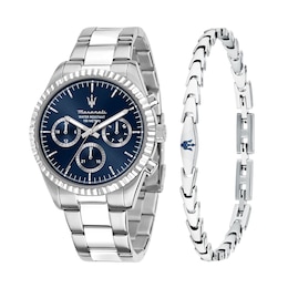 Maserati Competizione Chronograph Blue Dial Stainless Steel Bracelet Watch & Stainless Steel Logo Bracelet Set