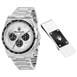 Maserati Velocita Chronograph Silver Tone Dial Stainless Steel Bracelet Watch & Stainless Steel Logo Money Clip