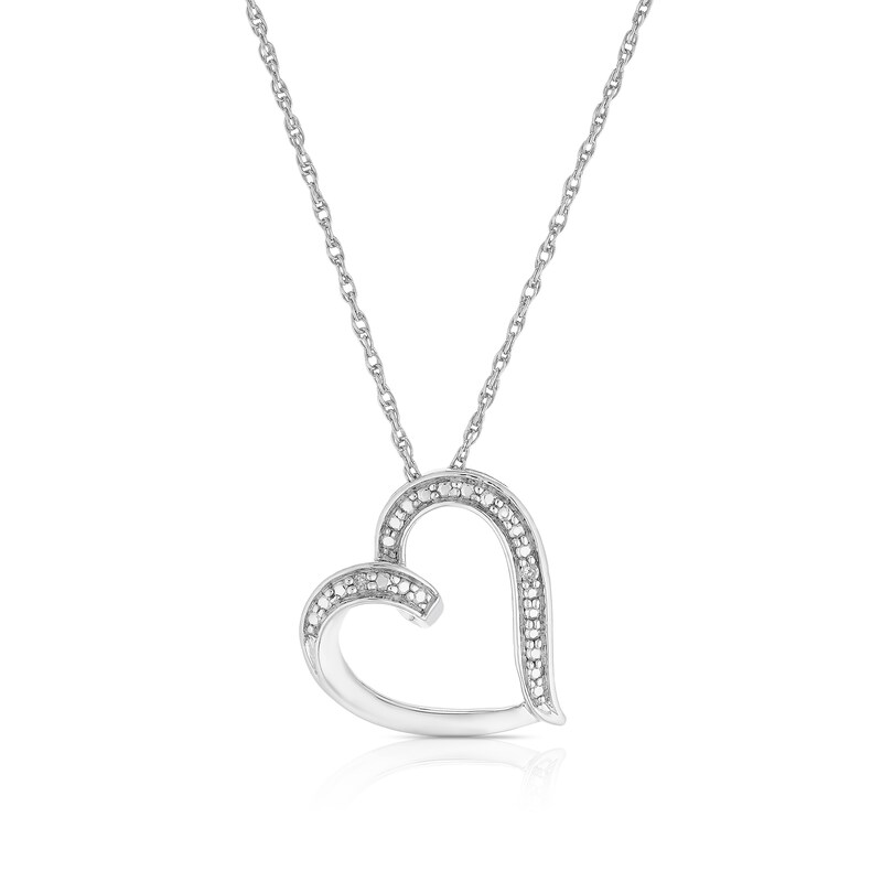 Main Image 1 of Sterling Silver Open Heart Diamond Pendant Necklace