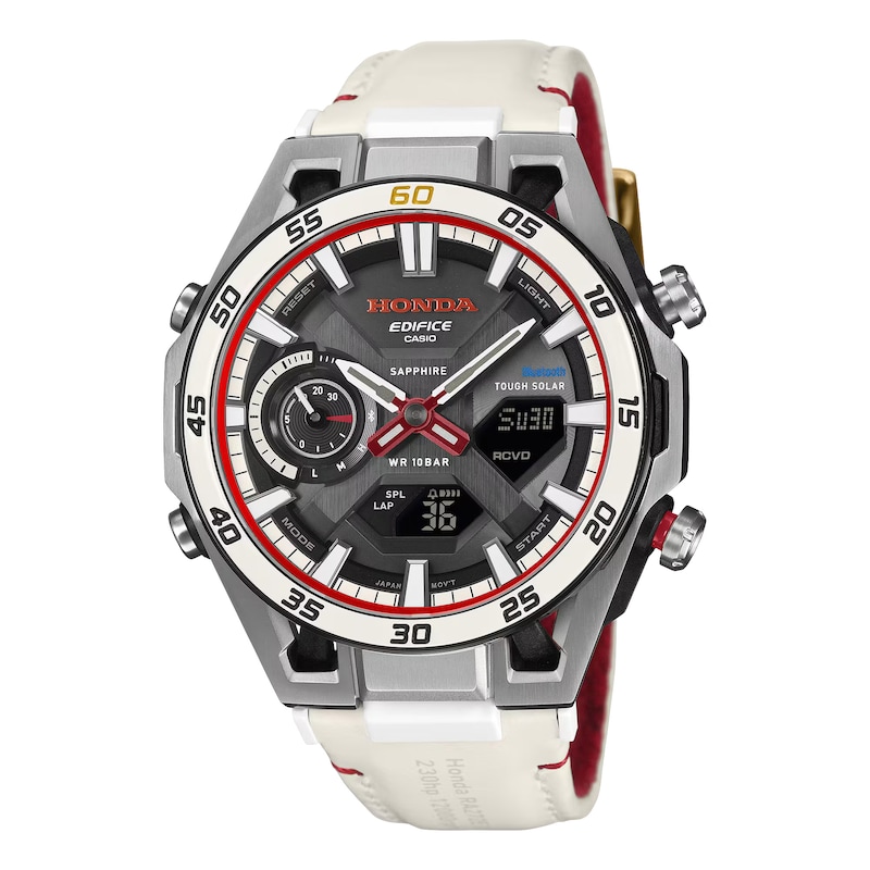 Main Image 1 of Casio Edifice ECB 2300HR 1AEF Honda Racing Collaboration Black Dial White Leather Strap Watch