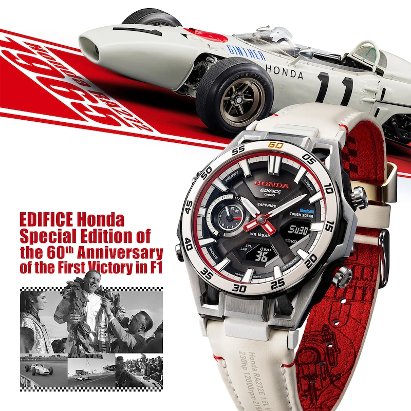 Main Image 10 of Casio Edifice ECB 2300HR 1AEF Honda Racing Collaboration Black Dial White Leather Strap Watch
