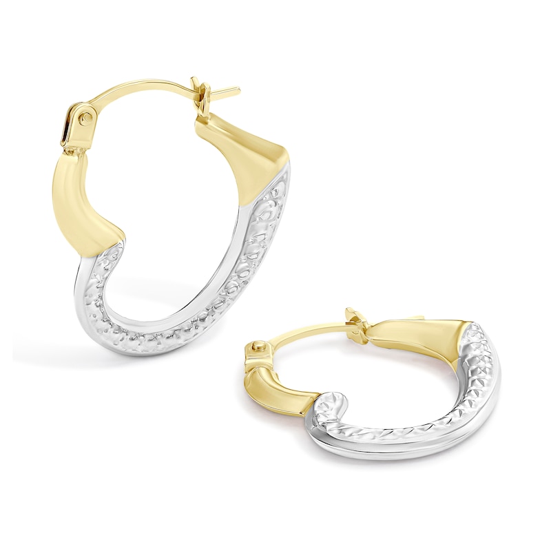 Main Image 1 of 9ct Yellow Gold Two-Tone Textured Heart Hoop Earrings